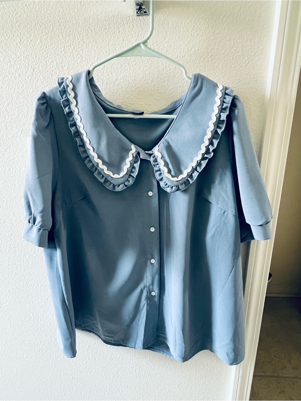 SHEIN Light Blue Ruffle Peter Pan Collar Blouse